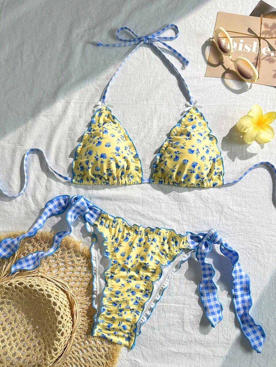 Swim Mod Women's Floral Print Halter Tie Bow Bikini Set, Summer Holiday Beach 2-Piece Swimwear - Multicolor - View 1