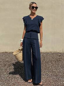 Livesso Women's V-Neck Cap Sleeve Top And Casual Pants Two Pieces Set, Suitable For Summer Vacation, Commuting And Office Wear - Navy Blue - View 5