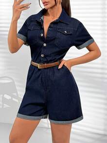SHEIN 100% Cotton Button Front & Folded Hem Denim Jumpsuit - Dark Wash - View 9
