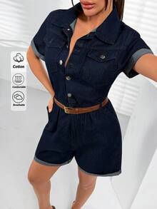SHEIN 100% Cotton Button Front & Folded Hem Denim Jumpsuit - Dark Wash - View 5