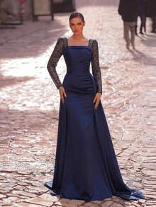 Aureia 优雅、浪漫、时尚、端庄的藏蓝色缎面珠绣拼接方领长袖褶裥鱼尾下摆飘逸礼服，适合派对、婚礼等场合，亦可作为正式晚礼服穿着。 - 藏蓝色 - 查看 5