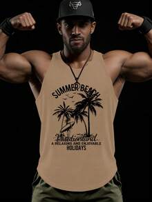 GymBeat Áo tank top thể thao mùa hè cổ tròn in chữ và cây cỏ - Màu Khaki - Xem 4