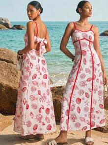 Poéselle 女士贝壳印花蝴蝶结吊带吊带连衣裙 - 紅色 - 查看 3