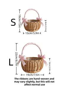 1PC Woven Hand Held Flower Basket Rattan Storage Basket With Bow Decorative Practical Floral Arrangement Container Wicker Picnic Centerpiece For Birthday Wedding Party Favor Home Decor Table Decoration Gift Giving Versatile Organizer - pink - View 6