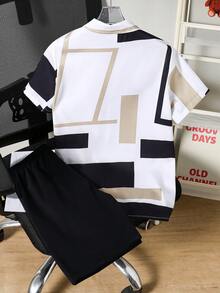 Vacaura 2 piezas Conjunto de estilo retro para niños, camisa polo con estampado geométrico de color contrastante emparejada con pantalones cortos sueltos, adecuado para primavera/verano casual, eventos escolares, diseño atemporal, duradero, esquema de color neutro con estética elevada - Blanco - Ver 2