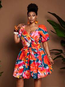 Maweii Plus Size Sexy Square Neck Ditsy Floral Vacation Style Petal Sleeve Dress - Orange - View 2