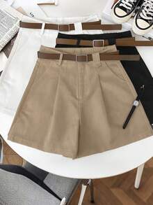 Franclia Women's Solid Color Pocket Casual Versatile Daily Wear Shorts - Mocha Brown - View 3