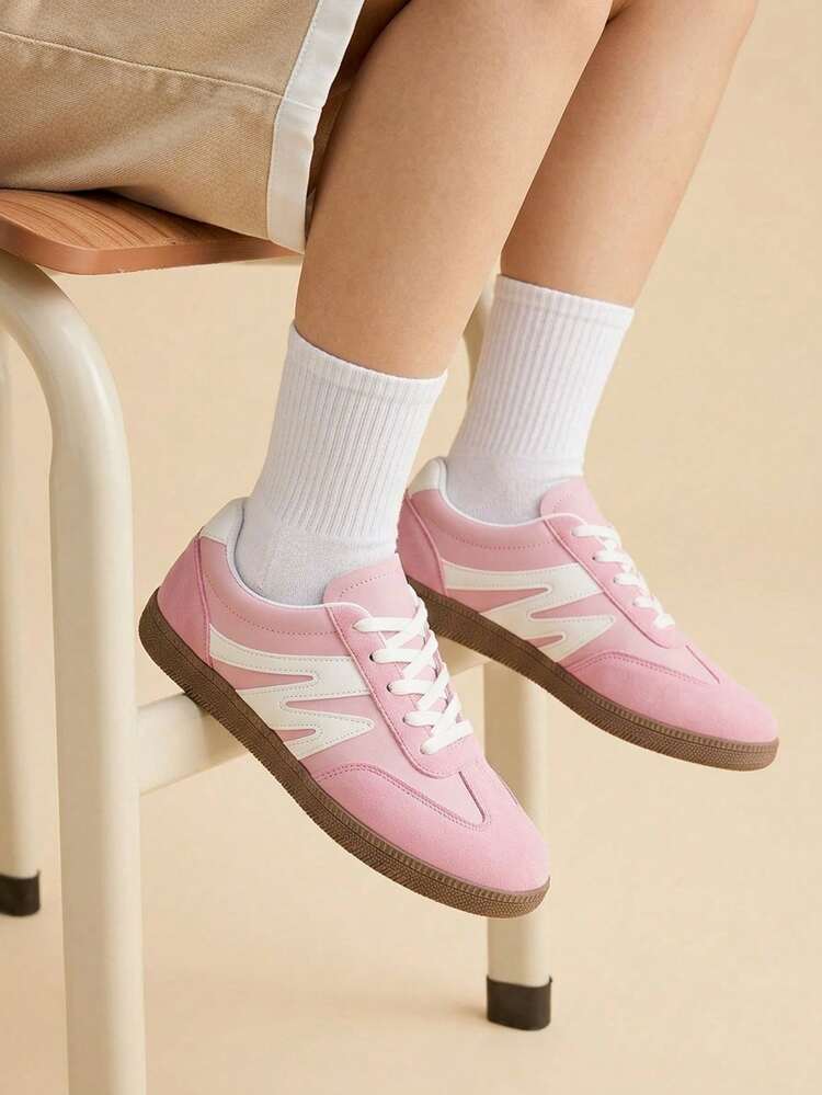 CUCCOO EASI Women's Lace-Up Splicing Pattern Round Toe Flat-Bottomed Casual Sneakers Comfortable Daily Outdoor Casual PU Leather Pink Casual Sneakers
