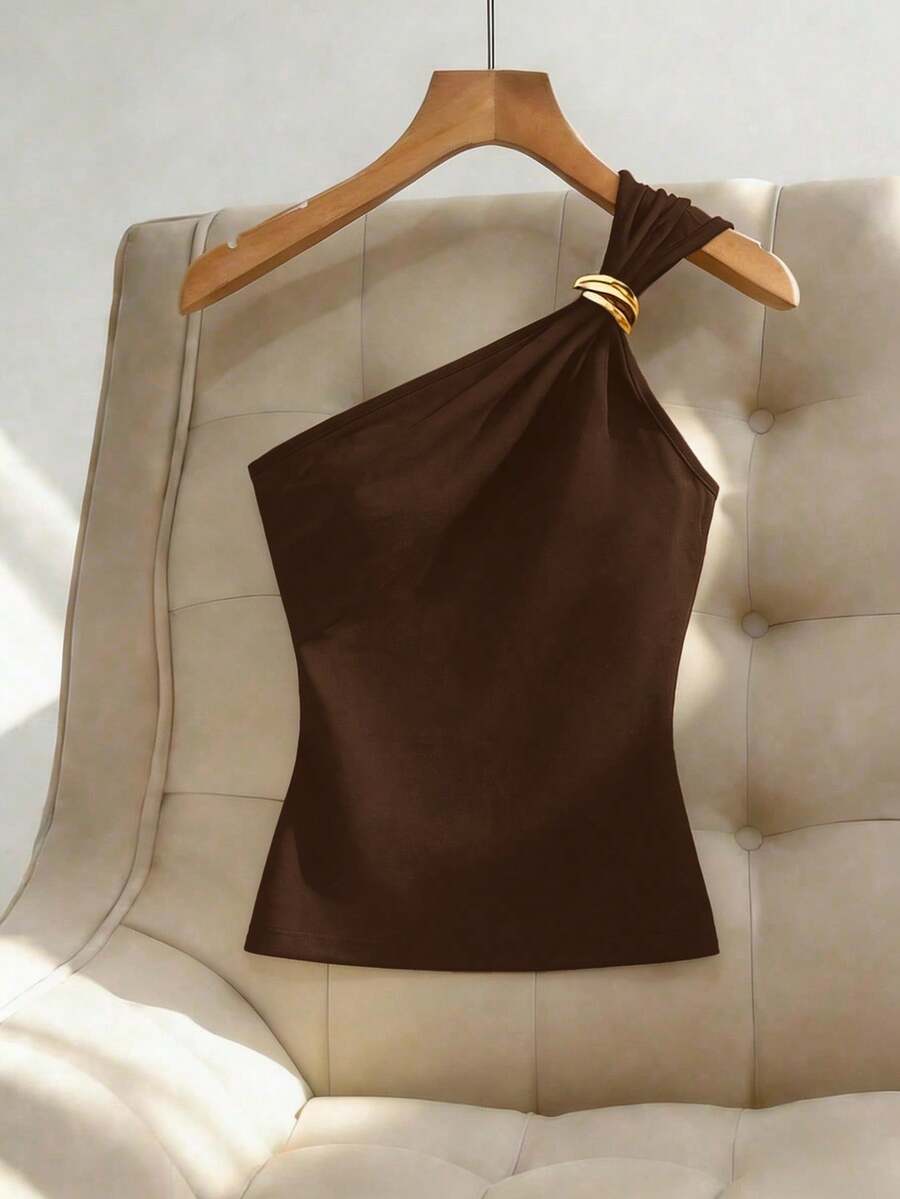 Franclia Women's Black Sexy Metallic Pleated Sleeveless Top - Brown - View 1