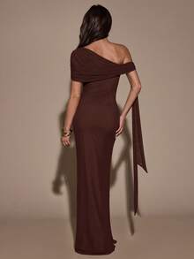 SHEIN BAE Women's Solid Color Asymmetric Twist Bodycon Summer Elegant Dress,Summer Dresses For Women - Coffee Brown - View 2
