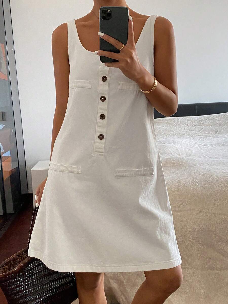 DAZY Đầm denim ngắn không tay cổ vuông mùa hè dành cho nữ, kiểu dáng thường ngày. - trắng - Xem 1