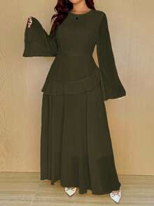 Vionelle Plus Size Elegant Ruffle Flare Sleeve Dress, Spring - Army Green - View 5