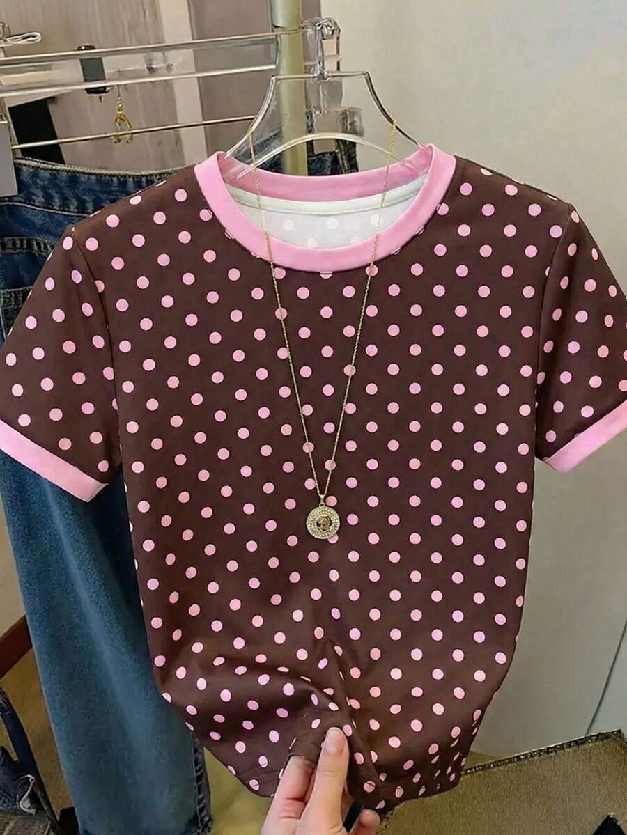 Resyla Women's Casual Polka Dot Print T-Shirt, Summer - Coffee Brown - View 1