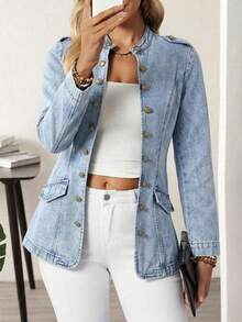 EMERY ROSE Plus Size Lapel Long Sleeve Double-Breasted Fashionable Versatile Denim Jacket - Blue - View 3
