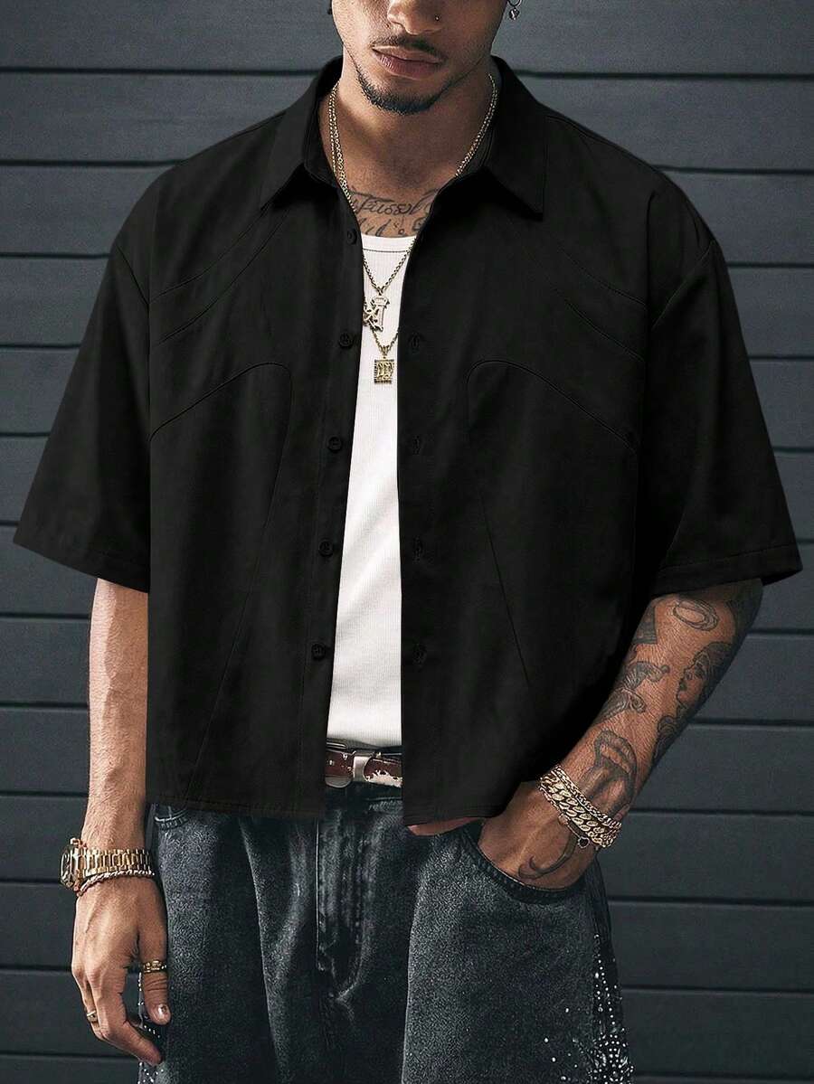 AXEPEAK Men's Solid Color Short Sleeve Single-Breasted Casual Shirt Cropped Button Up Men Boxy Shirts Cropped Shirts - Dark Grey - View 1