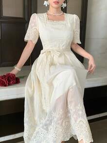 DAZY Casual Lace Embroidery Dress, French Style Slimming Summer Dress For Women - Apricot - View 1