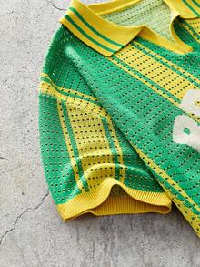 EVRINFINITE Top de punto calada con estampado de letras y rayas de color contrastante para hombres - Verde - Ver 6