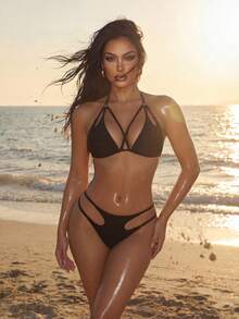 SHEIN Swim SXY Summer Beach Mono Bikini Set Ring Linked Cut Out Micro Triangle Bra Top & Thong 2 Pieces Bikini - Black - View 2