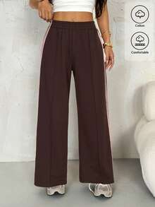 SHEIN PETITE 女士休闲撞色条纹阔腿运动裤，夏季必备 - 棕色 - 查看 5