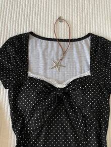 Comfortcana Áo thun nữ kiểu dáng thường ngày, chấm bi và phối ren, thắt nơ phía trước, thích hợp cho mùa hè. - màu đen - Xem 7