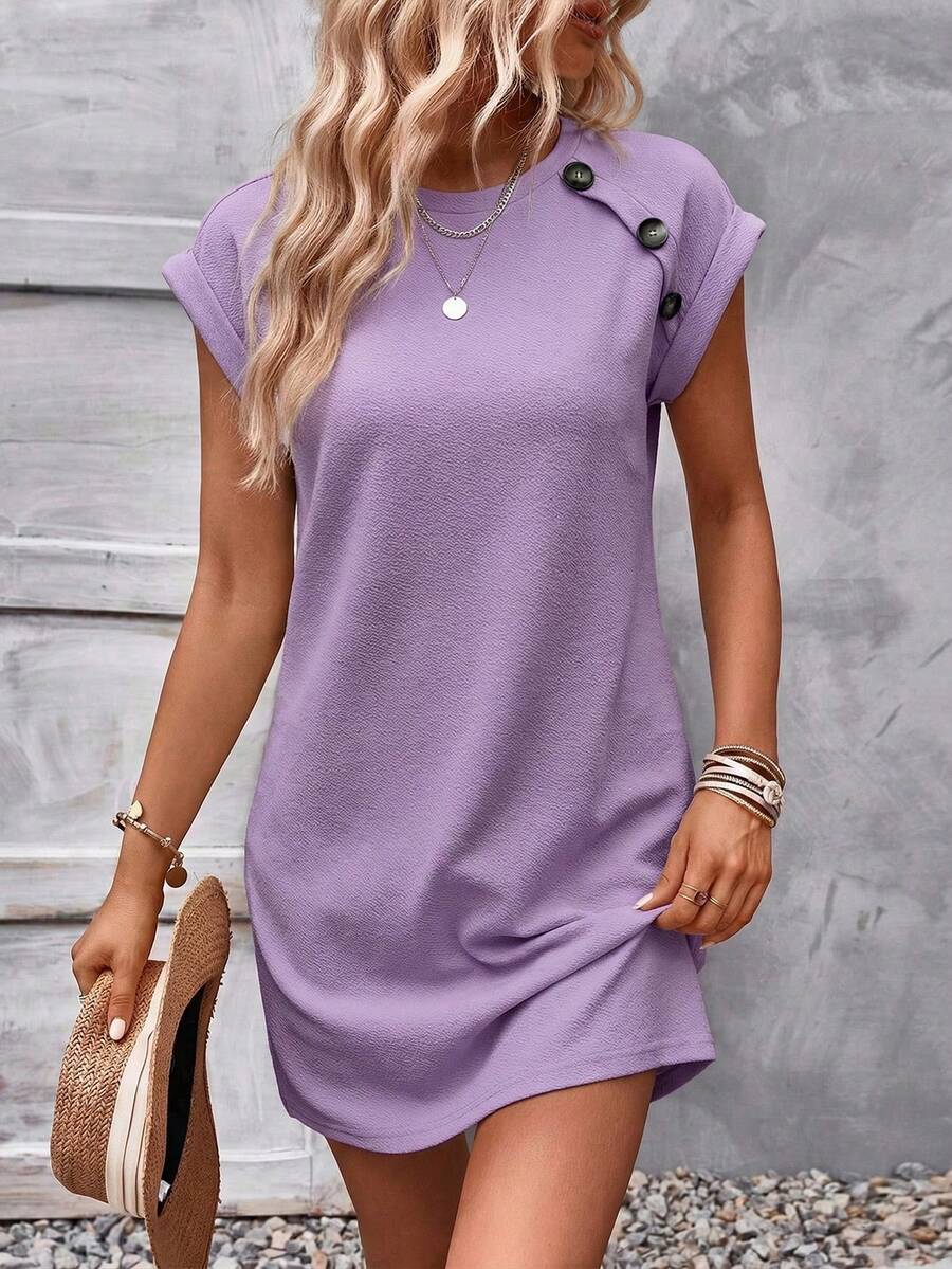 Selamara Fashionable Casual Purple Crew Neck Dress With Turnover Sleeve Trim And Button Decor - Purple - View 1