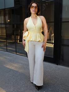 Lupita Cardoza 黄色露背泡泡下摆女式上衣，带超大蝴蝶结，约会上衣，度假上衣，野餐上衣，早午餐上衣，派对装，Y2K，抹胸，女士俱乐部装，露肩上衣，女士婚礼宾客装，可爱上衣，女士短款上衣，度假女士，波西米亚风女士，乡村音乐会，狂欢节，女士早午餐，海滩度假，欧洲夏季，可爱夏季上衣 - 黃色 - 查看 1