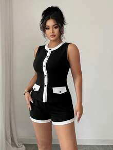 Elenzga Plus Size Women's French Style Elegant Black And White Summer 2-Piece Set,Fitted Sleeveless Top And Shorts Outfit For Everyday Brunch And Casual Wear - Black - View 4