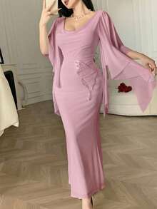 Feyla Vestido elegante de mujer con parches de encaje y decoración de mariposa en unicolor - Rosa vieja - Ver 4