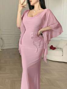 Feyla Vestido elegante de mujer con parches de encaje y decoración de mariposa en unicolor - Rosa vieja - Ver 5