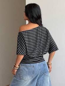 Coolane Women's  Plus Size Summer Outfits Oversized Inclusive Sizing Holiday Outfits Black Stripe Casual Slash Shoulder Asymmetrical T-Shirt Plus Size Waist-Defining Top, Figure-Flattering Fit - Black - View 5