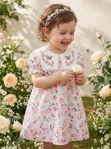 SHEIN Vintaside Kids Đầm bé gái thoải mái, chất liệu vải dày dặn, cổ bẻ, thêu hoa dễ thương, dáng chữ A, tay ngắn, đa năng, phù hợp cho mùa xuân/hè, mặc hàng ngày, ở nhà, đi chơi, du lịch, đi học. - Hồng - Xem 3