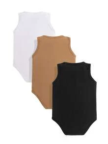 SHEIN Playful Pals 3件套男婴纯色圆领休闲日常连体衣 - 彩色 - 查看 2