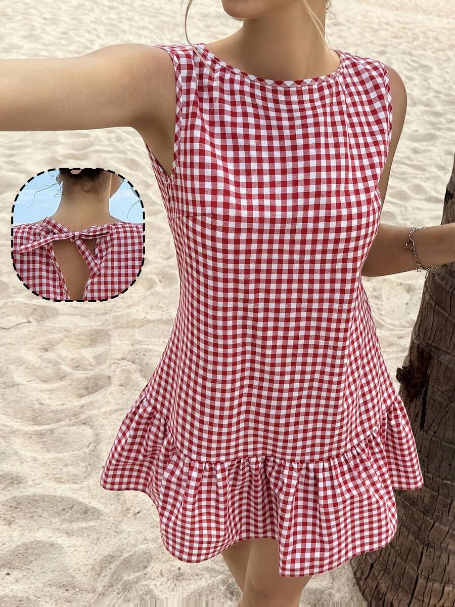 MainGRL 2026春夏新款红色格子迷你连衣裙，适合度假、休闲外出和购物。 - 紅白色 - 查看 1