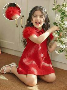 Elladie kids 1pc Girls Summer New Loose Fit Collar Rhinestone Floral Design Cap Sleeve Mesh Back Straight Dress, Simple Yet Fashionable And Elegant Princess Style - Red - View 4