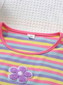 2 pièces Top rayé coloré décontracté pour jeunes filles assorti avec un pantalon large rose, Top assorti avec des fleurs 3D violettes. Convient pour le port quotidien, le parc, les voyages, la rentrée scolaire - Rose vif - Voir 6