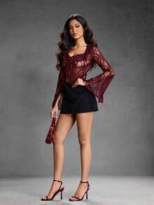 CUCCOO SZL Women's Square Toe Rhinestone Ankle Strap Sandals For Christmas - Burgundy - View 11