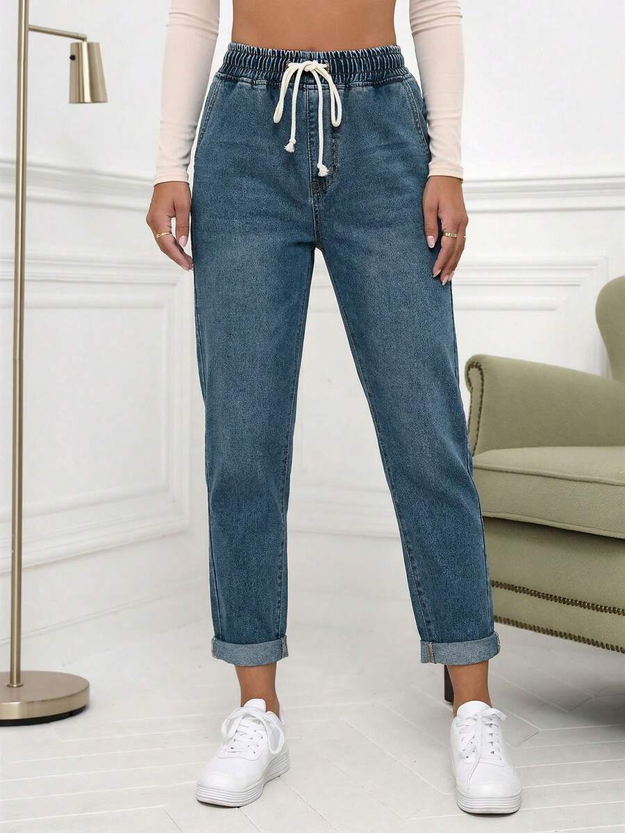 SHEIN Essnce 休闲水洗抽绳腰锥形牛仔裤加厚牛仔布 - 藍色 - 查看 1