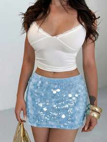 SHEIN BAE 春夏女式纯色亮片短裙，适合派对、亮片迷你夏季短裙、俱乐部性感、音乐会 - 淺藍色 - 查看 4