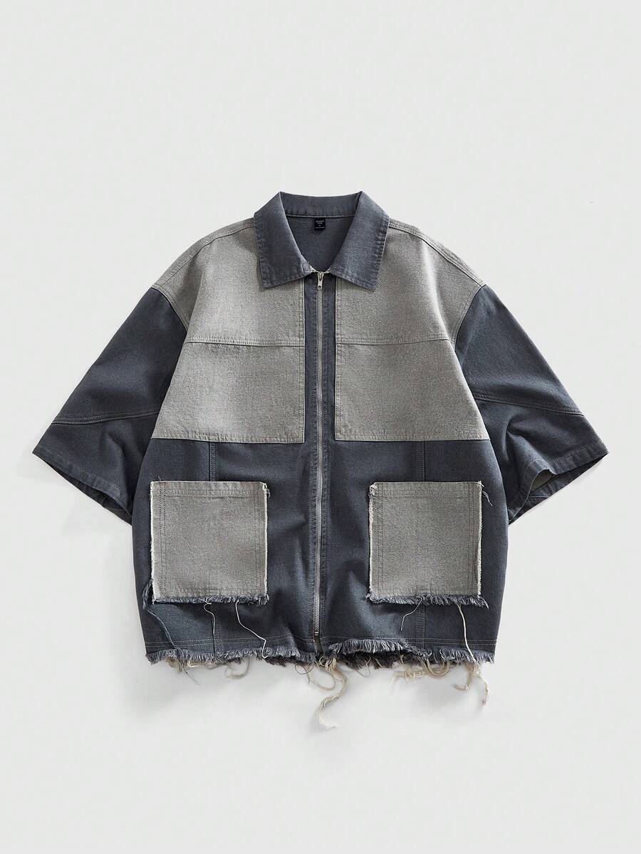 ROMWE MEN Men's Casual Contrast Color Patchwork Denim Shirt, Summer - Grey - View 1