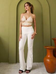 Ananda Vibes Simple Apricot Tight Low-Waist Flare Knit Pants Suitable For Commuting, Home, Outdoor, Youth-Oriented In Fall/Winter - White - View 5