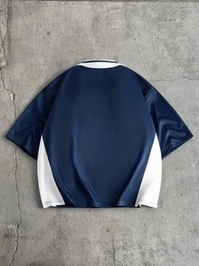 AXEPEAK 男士撞色字母印花休闲短袖Polo衫 - 藍白色 - 查看 2