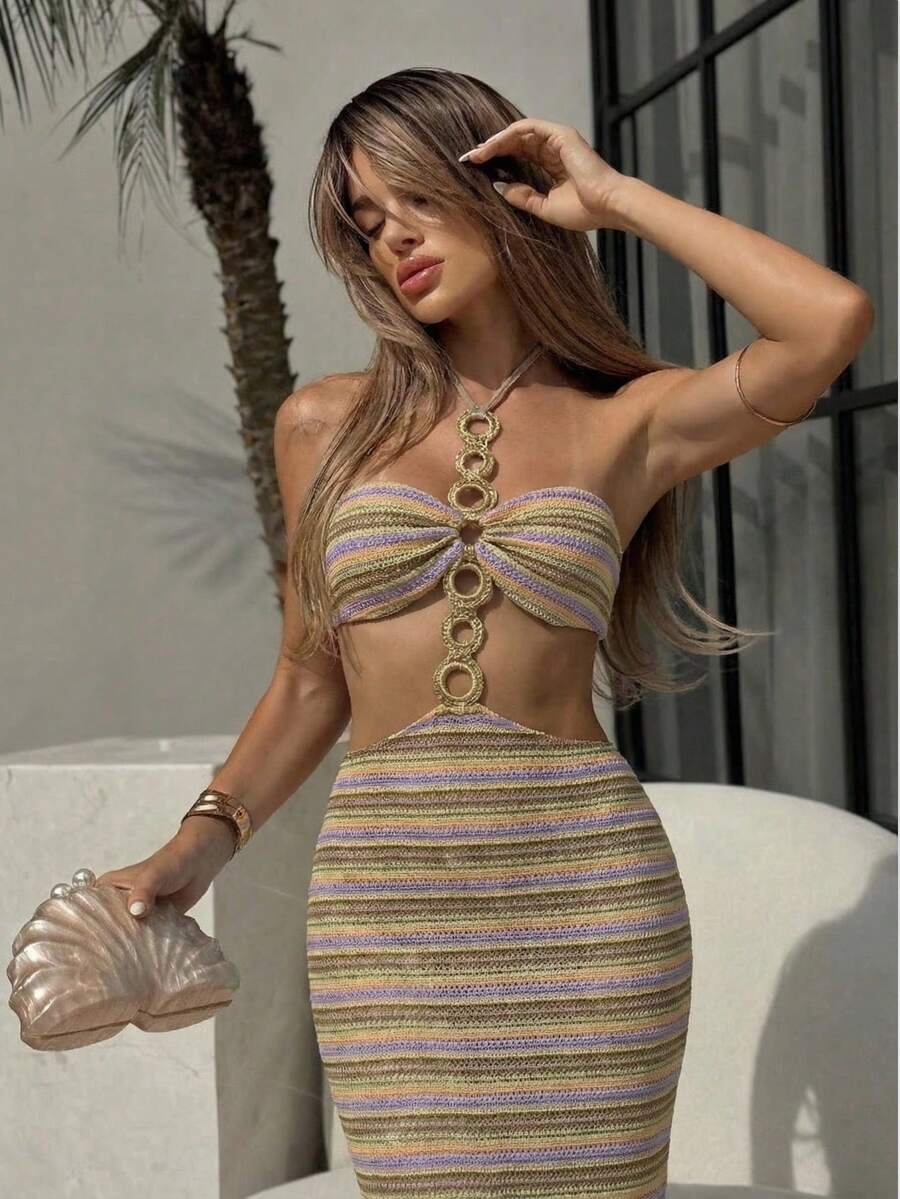 Swim SXY 女士条纹时尚露背吊带修身镂空罩衫 - 米色 - 查看 1