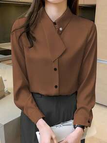 EMERY ROSE 不对称领百搭优雅通勤女式 T 恤 - 咖啡棕 - 查看 3