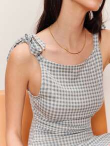 lacRébo 蓝色格纹迷你连衣裙，肩部系带，春夏法式巴黎风外出茶歇裙，格纹连衣裙，时尚连衣裙 - 彩色 - 查看 1