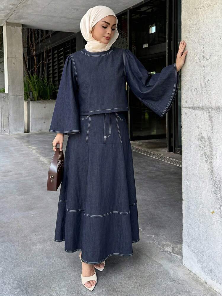 Women's Elegant Solid Color Round Neck Blouse And Long Skirt 2-Piece Set, Spring/Summer