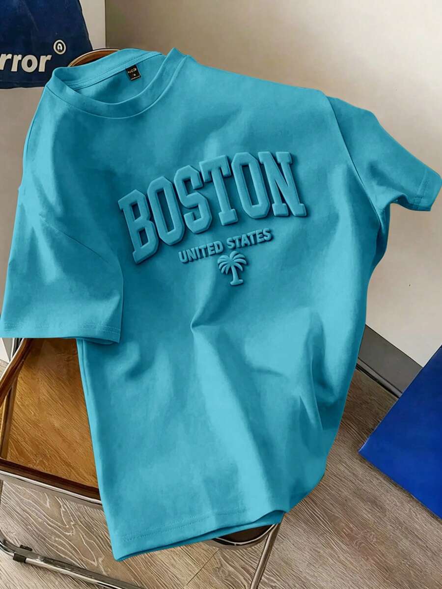 Manfinity Joysei Camiseta de manga corta ajustada con cuello redondo y estampado de letras para hombres, color azul lago - Agua verde azul - Ver 1