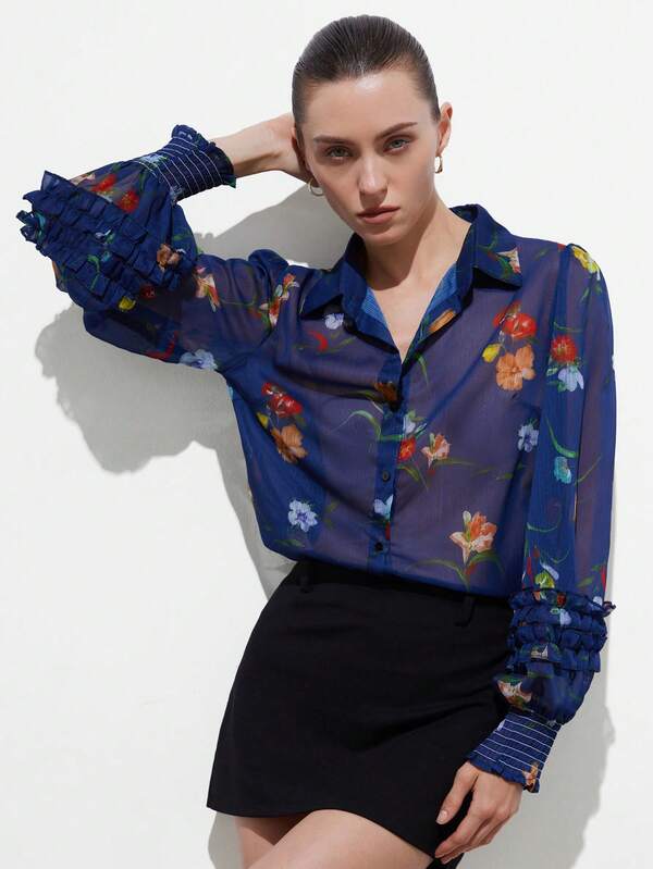Aveloria Modichic Women's Chiffon Sheer Blouse Regular Fit Lantern Sleeve Vintage Floral Print Multi-Layer Ruffle Cuff Elastic Smocked Detail Lapel Single Breasted Romantic Elegant Retro Bohemian Style Blue Elegant Women's Blouses Vacation Outfits Women Floral Dresses For Women Blue Dresses For Women