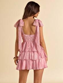 SHEIN BAE Spring/Summer Women's Pink Floral Jacquard Deep V Ruffle Hem Mini Dress, Pink Dress, Elegant Dress, Vacation Dress, Bridesmaid Dress, Birthday Party Dress, Back To School/Graduation Dress - Pink - View 2