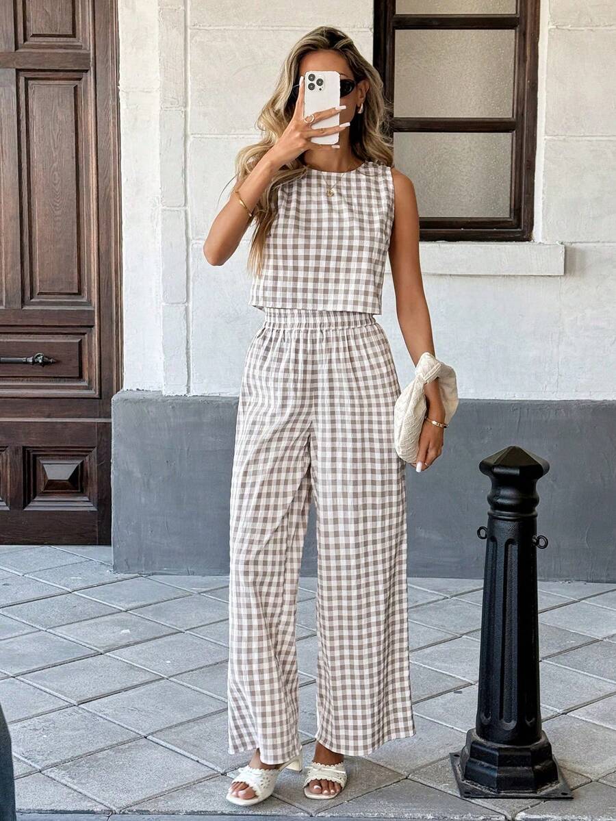 SHEIN PETITE 2pcs/Set Casual Plaid Vest And Pants Set, Summer - Khaki - View 1