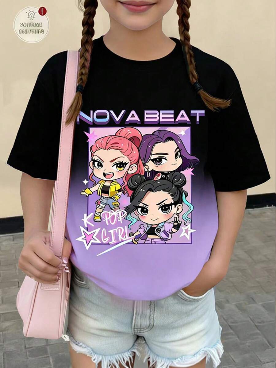 SHEIN Explorewe 1 件 Tween Girl 卡通 K-POP 女孩，可爱女孩 [上衣] KPOP 风格图案 T 恤，彩色卡通人物圆领短袖 T 恤，渐变印花，K-Pop 粉丝礼物，圆领音乐时尚女孩儿童服装，女孩男孩，姐妹装，适合假期、派对和日常穿着，带有 K-POP 角色和徽标，适合秋冬 - 黑色 - 查看 1